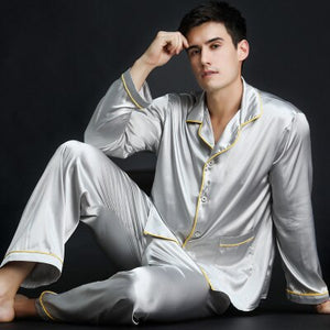 2019 Spring Summer Autumn Men's Satin Silk Pyjamas Set Men Long-Sleeve Male Sexy Sleepwear Leisure Home Clothing Plus Size