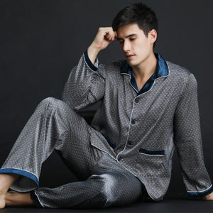 2019 Spring Summer Autumn Men's Satin Silk Pyjamas Set Men Long-Sleeve Male Sexy Sleepwear Leisure Home Clothing Plus Size