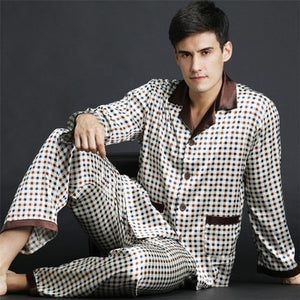 2019 Spring Summer Autumn Men's Satin Silk Pyjamas Set Men Long-Sleeve Male Sexy Sleepwear Leisure Home Clothing Plus Size
