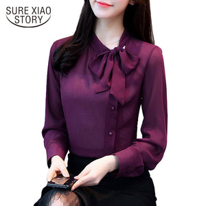 2018 new bow neck women's clothing spring long-sleeved chiffon women blouse shirt solid purple formal women tops blusas D304 30