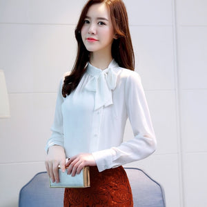 2018 new bow neck women's clothing spring long-sleeved chiffon women blouse shirt solid purple formal women tops blusas D304 30