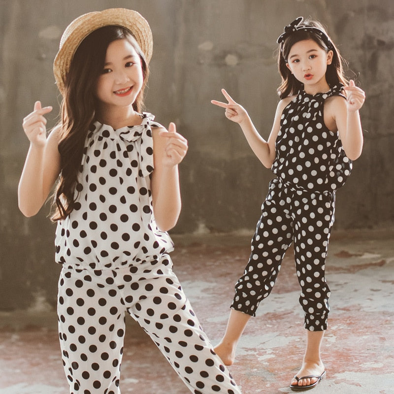 Teens Girls Clothing Sets Summer Formal Pattern Printing Chiffon Tops and Pants Kids Clothing Sets Children Overall Suits