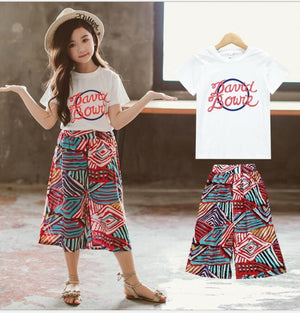 Teens Girls Clothing Sets Summer Formal Pattern Printing Chiffon Tops and Pants Kids Clothing Sets Children Overall Suits