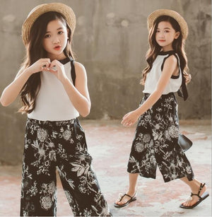 Teens Girls Clothing Sets Summer Formal Pattern Printing Chiffon Tops and Pants Kids Clothing Sets Children Overall Suits