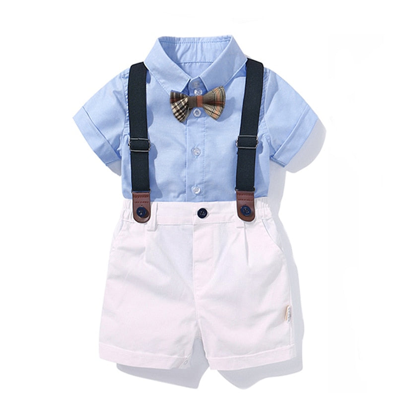 Clothing for Boys Baby Bow Set Birthday Formal Suit Summer Newborn Baby Clothes Set  Blue Shirt Top+Suspender Pants Outfits