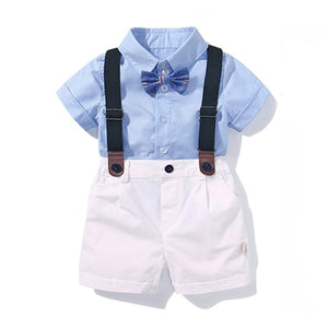 Clothing for Boys Baby Bow Set Birthday Formal Suit Summer Newborn Baby Clothes Set  Blue Shirt Top+Suspender Pants Outfits
