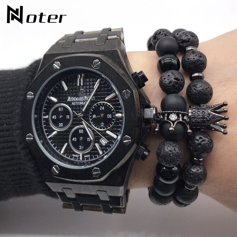 Hot 2pcs/set Natural Lava Stone Bracelet For Man Luxury Zirconia Crown Braclet Male Accessories Cool Biker Brazalete Hombre