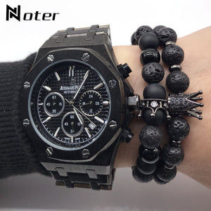 Hot 2pcs/set Natural Lava Stone Bracelet For Man Luxury Zirconia Crown Braclet Male Accessories Cool Biker Brazalete Hombre
