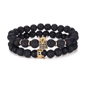 Hot 2pcs/set Natural Lava Stone Bracelet For Man Luxury Zirconia Crown Braclet Male Accessories Cool Biker Brazalete Hombre