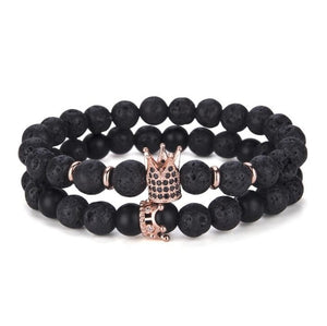 Hot 2pcs/set Natural Lava Stone Bracelet For Man Luxury Zirconia Crown Braclet Male Accessories Cool Biker Brazalete Hombre