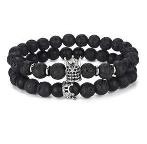 Hot 2pcs/set Natural Lava Stone Bracelet For Man Luxury Zirconia Crown Braclet Male Accessories Cool Biker Brazalete Hombre