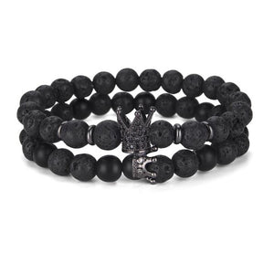 Hot 2pcs/set Natural Lava Stone Bracelet For Man Luxury Zirconia Crown Braclet Male Accessories Cool Biker Brazalete Hombre
