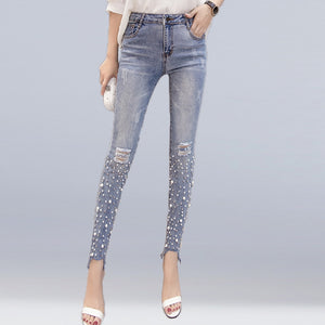 New Women Streetwear Pearl Beaded Jeans Female Casual Skinny Holes Denim Pencil Pants Ripped Women Stretch Trousers Bottoms