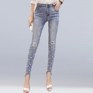 New Women Streetwear Pearl Beaded Jeans Female Casual Skinny Holes Denim Pencil Pants Ripped Women Stretch Trousers Bottoms