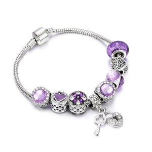 Bobosgirl Jewelry Women Charm Bracelet Purple Crystal Silver Key Heart Beads Ladies Chain Bangles Accessories DIY Pulseras mujer