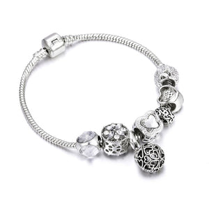 Bobosgirl Jewelry Women Charm Bracelet Purple Crystal Silver Key Heart Beads Ladies Chain Bangles Accessories DIY Pulseras mujer