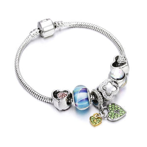 Bobosgirl Jewelry Women Charm Bracelet Purple Crystal Silver Key Heart Beads Ladies Chain Bangles Accessories DIY Pulseras mujer