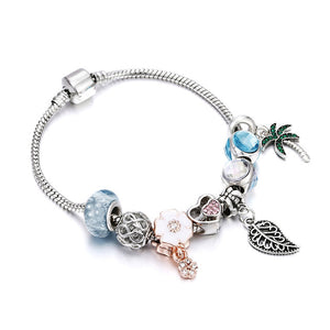Bobosgirl Jewelry Women Charm Bracelet Purple Crystal Silver Key Heart Beads Ladies Chain Bangles Accessories DIY Pulseras mujer