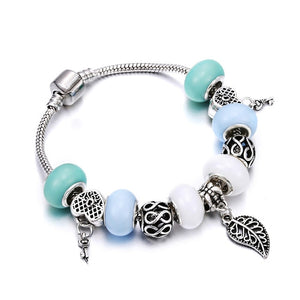Bobosgirl Jewelry Women Charm Bracelet Purple Crystal Silver Key Heart Beads Ladies Chain Bangles Accessories DIY Pulseras mujer