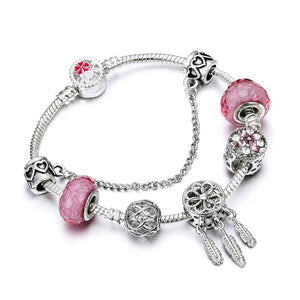 Bobosgirl Jewelry Women Charm Bracelet Purple Crystal Silver Key Heart Beads Ladies Chain Bangles Accessories DIY Pulseras mujer