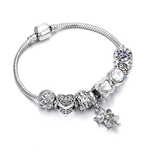 Bobosgirl Jewelry Women Charm Bracelet Purple Crystal Silver Key Heart Beads Ladies Chain Bangles Accessories DIY Pulseras mujer