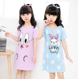 New  summer children's sleepwear girls cotton short-sleeved dress fashion print pajamas skirt girls sleepwear large size