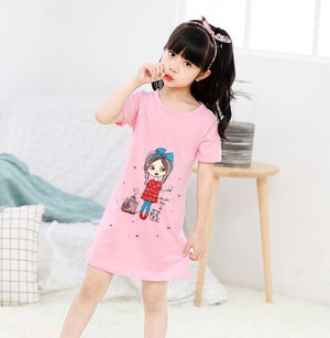New  summer children's sleepwear girls cotton short-sleeved dress fashion print pajamas skirt girls sleepwear large size