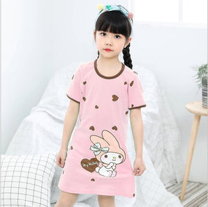 New  summer children's sleepwear girls cotton short-sleeved dress fashion print pajamas skirt girls sleepwear large size