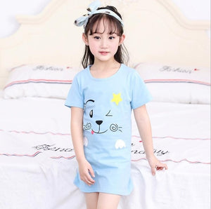 New  summer children's sleepwear girls cotton short-sleeved dress fashion print pajamas skirt girls sleepwear large size