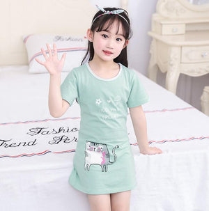 New  summer children's sleepwear girls cotton short-sleeved dress fashion print pajamas skirt girls sleepwear large size
