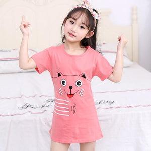 New  summer children's sleepwear girls cotton short-sleeved dress fashion print pajamas skirt girls sleepwear large size