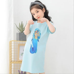 New  summer children's sleepwear girls cotton short-sleeved dress fashion print pajamas skirt girls sleepwear large size