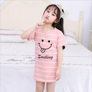 New  summer children's sleepwear girls cotton short-sleeved dress fashion print pajamas skirt girls sleepwear large size