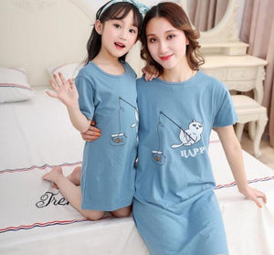 New  summer children's sleepwear girls cotton short-sleeved dress fashion print pajamas skirt girls sleepwear large size