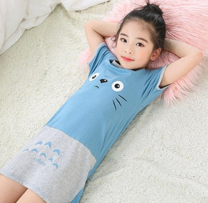New  summer children's sleepwear girls cotton short-sleeved dress fashion print pajamas skirt girls sleepwear large size
