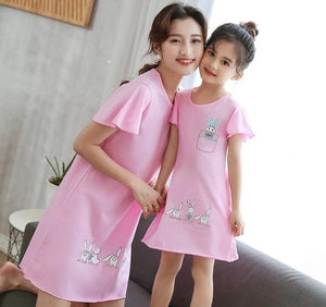 New  summer children's sleepwear girls cotton short-sleeved dress fashion print pajamas skirt girls sleepwear large size