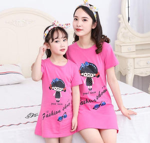 New  summer children's sleepwear girls cotton short-sleeved dress fashion print pajamas skirt girls sleepwear large size