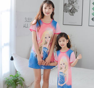 New  summer children's sleepwear girls cotton short-sleeved dress fashion print pajamas skirt girls sleepwear large size