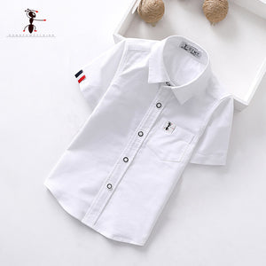 Kung Fu Ant 2019 New Summer  Short Sleeve Solid color White Boys Students Clothing Shirts Fashion Oxford Textile Cotton Kids Top