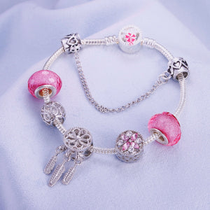 European Jewelry Charm Women Bracelet Crystal Pink Gem Bead Silver Tassel Ladies Bangle Kids Gift Accessories DIY Pulseras mujer