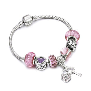 European Jewelry Charm Women Bracelet Crystal Pink Gem Bead Silver Tassel Ladies Bangle Kids Gift Accessories DIY Pulseras mujer