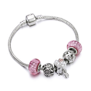 European Jewelry Charm Women Bracelet Crystal Pink Gem Bead Silver Tassel Ladies Bangle Kids Gift Accessories DIY Pulseras mujer