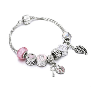 European Jewelry Charm Women Bracelet Crystal Pink Gem Bead Silver Tassel Ladies Bangle Kids Gift Accessories DIY Pulseras mujer