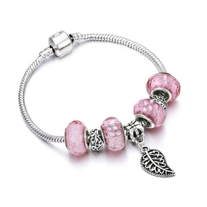 European Jewelry Charm Women Bracelet Crystal Pink Gem Bead Silver Tassel Ladies Bangle Kids Gift Accessories DIY Pulseras mujer