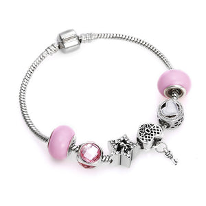 European Jewelry Charm Women Bracelet Crystal Pink Gem Bead Silver Tassel Ladies Bangle Kids Gift Accessories DIY Pulseras mujer