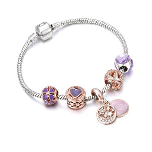 European Jewelry Charm Women Bracelet Crystal Pink Gem Bead Silver Tassel Ladies Bangle Kids Gift Accessories DIY Pulseras mujer
