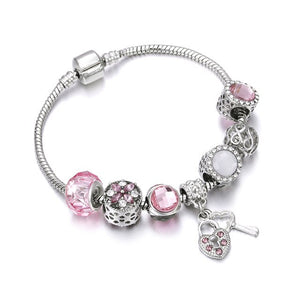 European Jewelry Charm Women Bracelet Crystal Pink Gem Bead Silver Tassel Ladies Bangle Kids Gift Accessories DIY Pulseras mujer