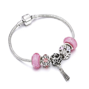 European Jewelry Charm Women Bracelet Crystal Pink Gem Bead Silver Tassel Ladies Bangle Kids Gift Accessories DIY Pulseras mujer