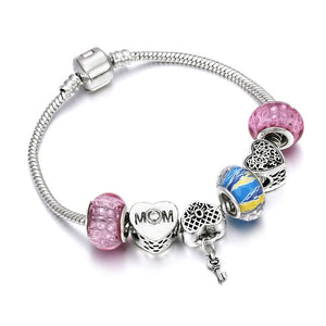 European Jewelry Charm Women Bracelet Crystal Pink Gem Bead Silver Tassel Ladies Bangle Kids Gift Accessories DIY Pulseras mujer