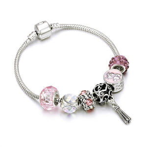 European Jewelry Charm Women Bracelet Crystal Pink Gem Bead Silver Tassel Ladies Bangle Kids Gift Accessories DIY Pulseras mujer